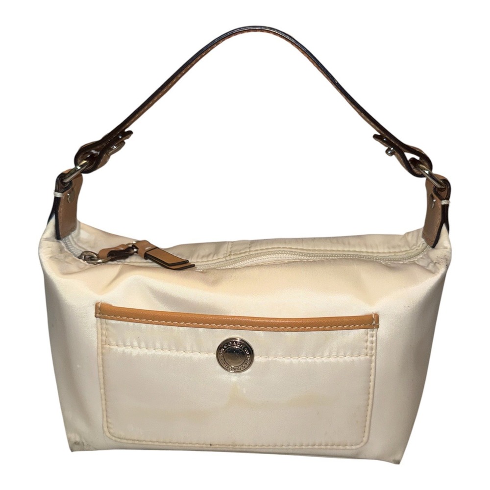 Coach White Mini Satin Baguette Pouch Handbag Purse Brown Leather Accent Y2K Vtg